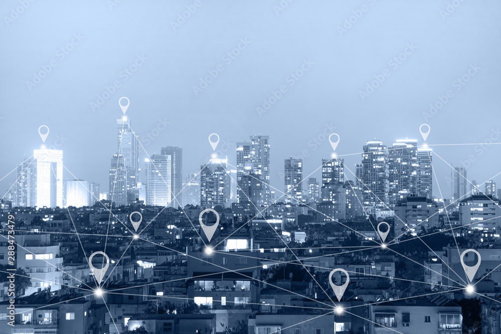 Location gps or Map pin flat above blue tone city and network connection concept. Blue tone city and network concept. Stock | Adobe Stock