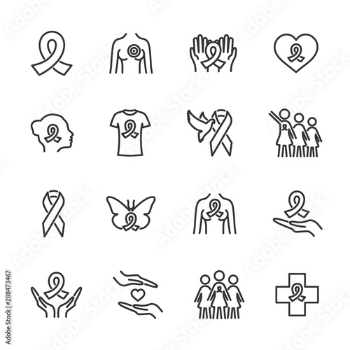 Vector set of breast cancer line icons.