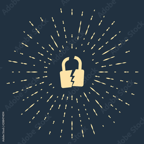 Beige Broken or cracked lock icon isolated on dark blue background. Unlock sign. Abstract circle random dots. Vector Illustration