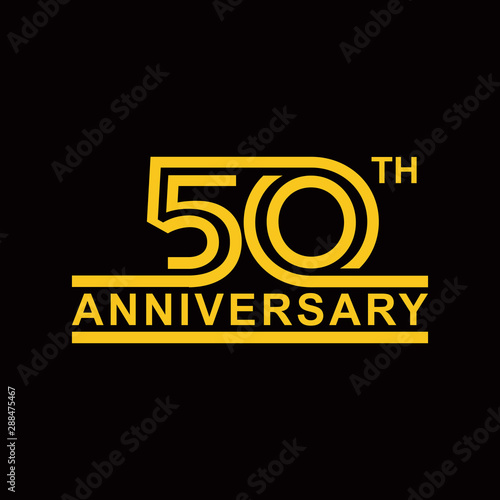 50 Anniversary gold numbers with golden confetti. Celebration 50th anniversary event party template. Happy Anniversary card.