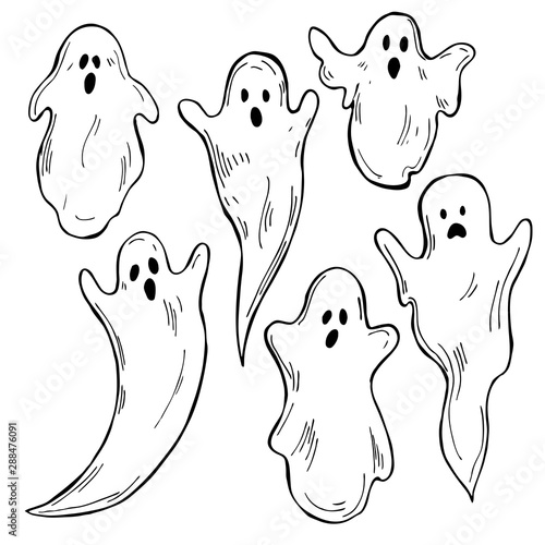  Hand drawn  cute halloween  ghosts on white background. Vector sketch illustration.