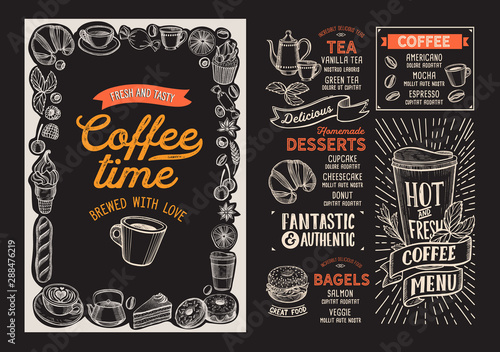 Coffee drink menu template for restaurant with doodle hand-drawn graphic.