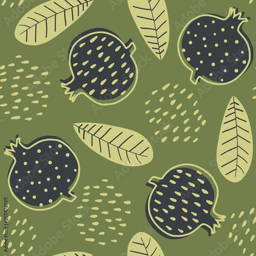 Abstract seamless pattern with stylized cartoon garnets. Design in green colors with garnets and leafs. Nature seamless pattern in scandinavian style