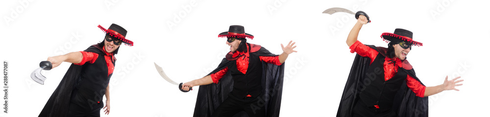Young man in carnival coat with sword isolated on white Young man in carnival coat with sword isolated on white