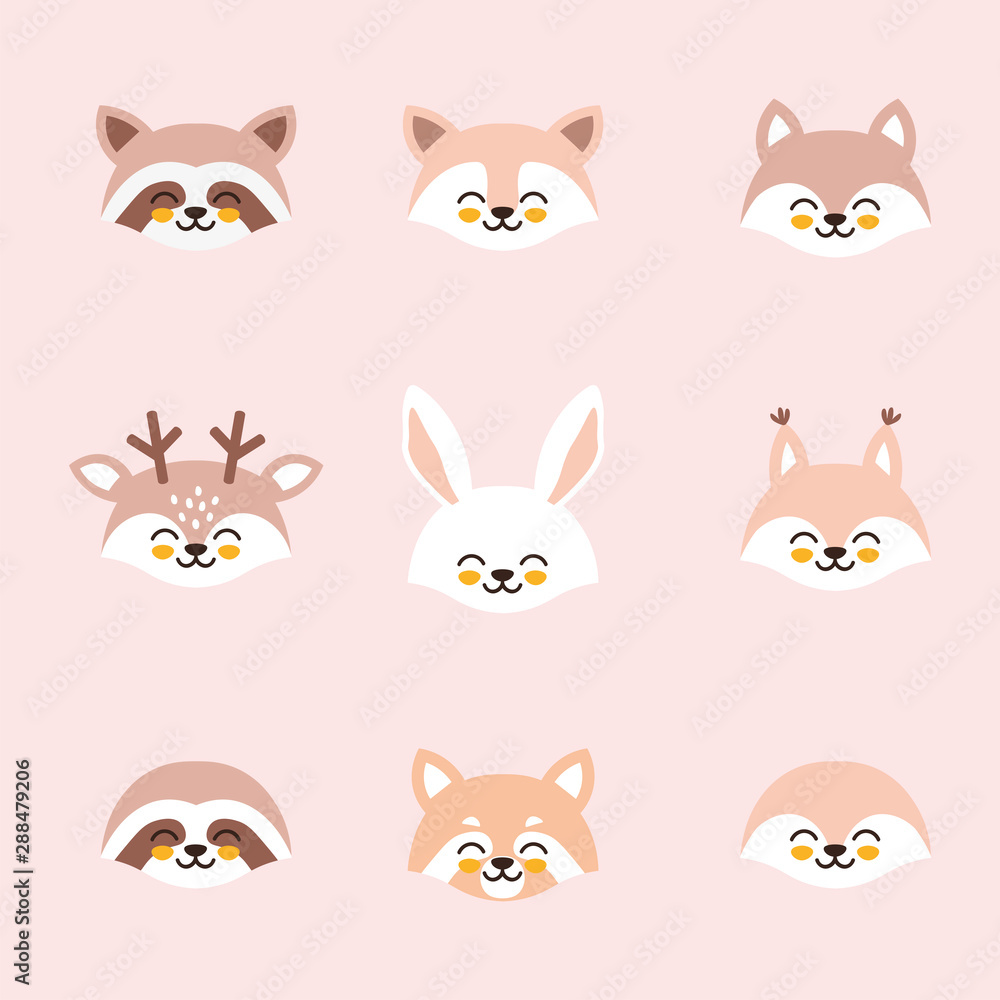 Obraz premium Cute set with blushing animals heads