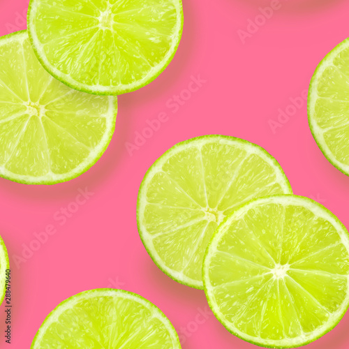 A seamless pattern of lime slices on a vibrant pink background, a fruity citrus repeat print