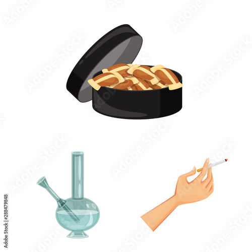Vector illustration of cigarette and tobacco icon. Set of cigarette and nicotine vector icon for stock.