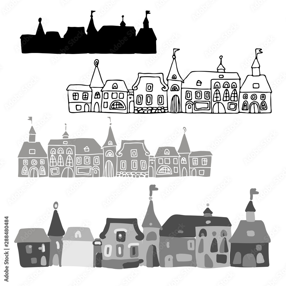 Isolated silhouettes of houses on white background.