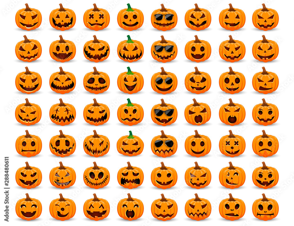 Set pumpkin on white background. The main symbol of the Happy Halloween holiday. Orange pumpkin with smile for your design for the holiday Halloween. Vector illustration. Set pumpkin on white background. The main symbol of the Happy Halloween holiday. Orange pumpkin with smile for your design for the holiday Halloween. Vector illustration.