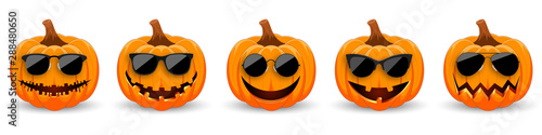 Set of Pumpkins in black sunglasses on white background. The main symbol of the holiday Happy Halloween. Hipster orange pumpkins with smile for the holiday Halloween. Vector illustration