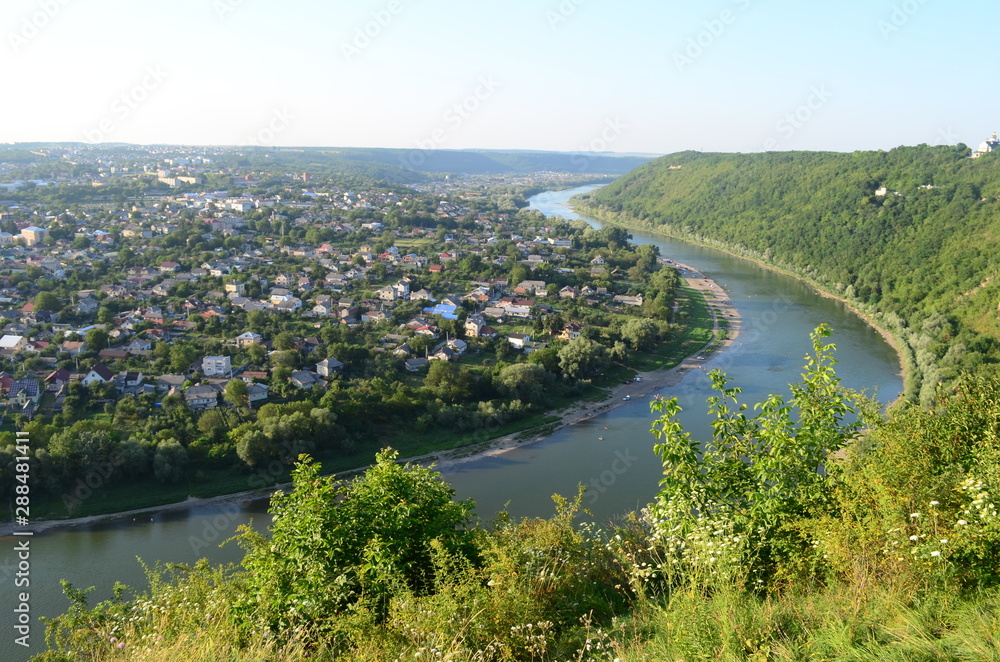 Fototapeta premium Zalishchyky town is a round island surrounded by a river