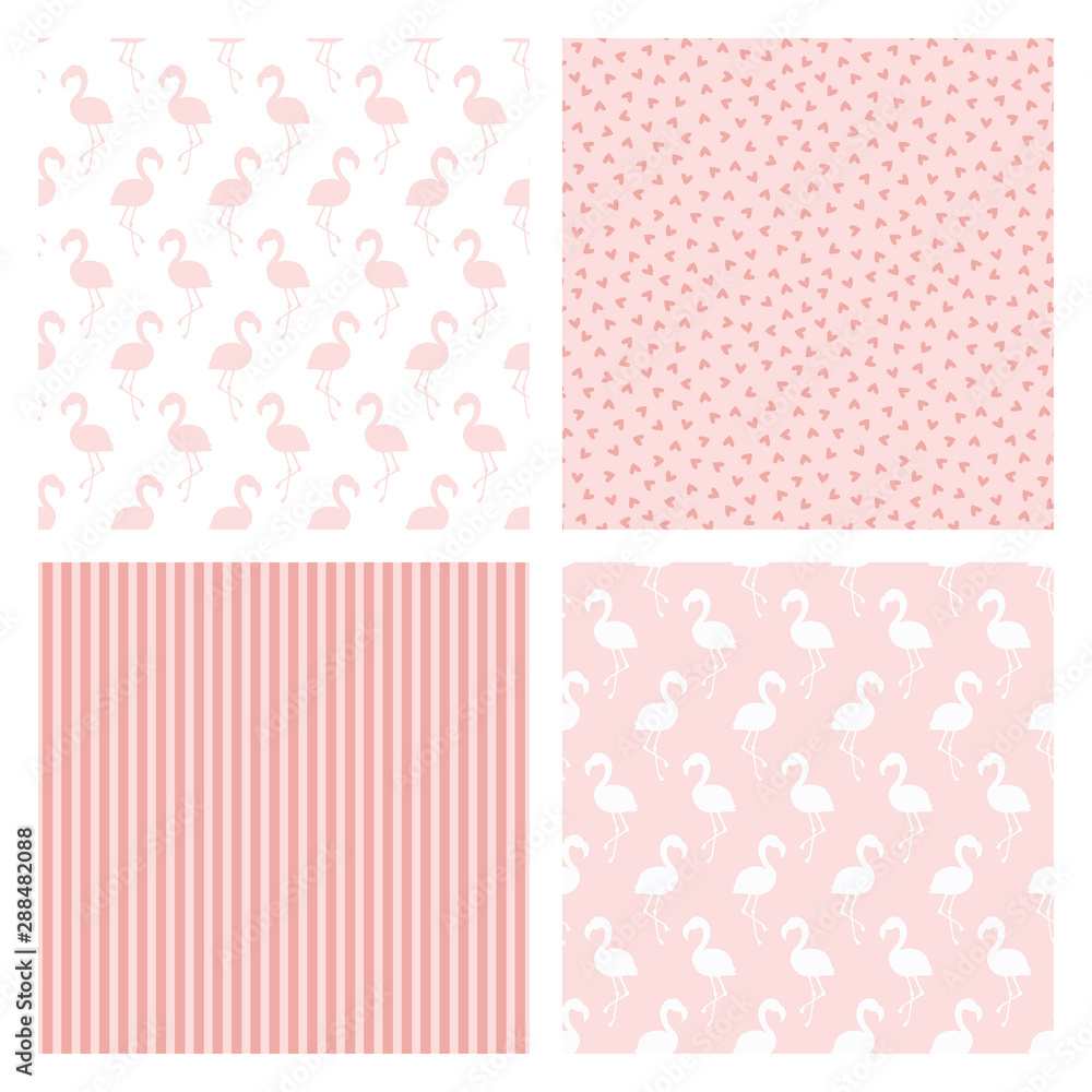 Set of four patterns with flamingo birds, hearts and stripes Set of four patterns with flamingo birds, hearts and stripes