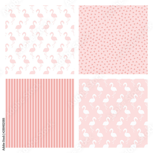 Set of four patterns with flamingo birds, hearts and stripes