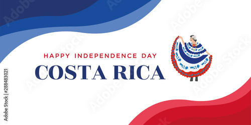 Illustration of Costa Rican women in local dress and Flag of Costa Rica waving, Happy Independence day banner, Vector