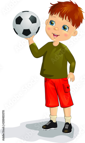 Vector illustration of a cute little boy player a soccer or football with a ball in his hands for a throwing. In cartoon style. Clipart Isolated on white background