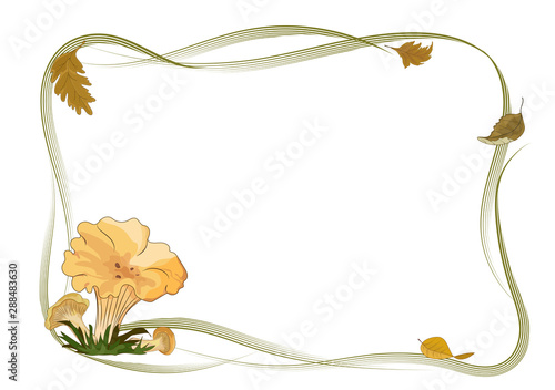 Tender autumn frame with chanterelles mushrooms isolated on empty background.