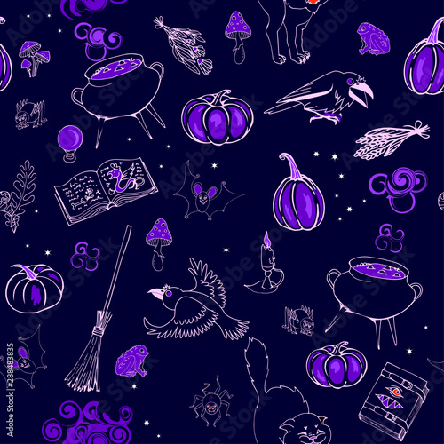 Halloween, cauldron with magic potion, ingredients and tools, pumpkins, cat, crows, seamless vector illustration