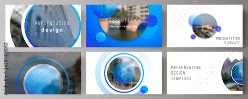 The minimalistic abstract vector illustration of the editable layout of the presentation slides design business templates. Creative modern blue background with circles and round shapes.