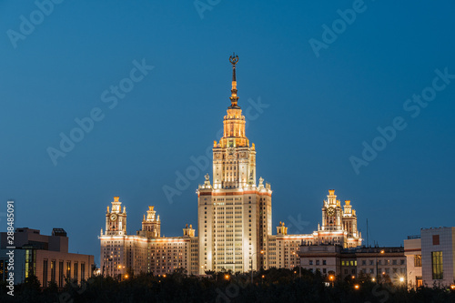 Beautiful night view of the main building of Moscow state University, a monument of architecture.
