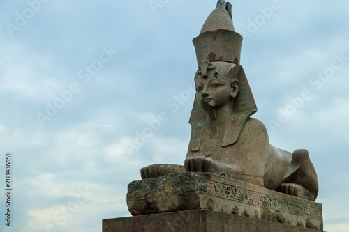 Ancient Egyptian sphinx on the embankment of the Neva River in St. Petersburg, Russia