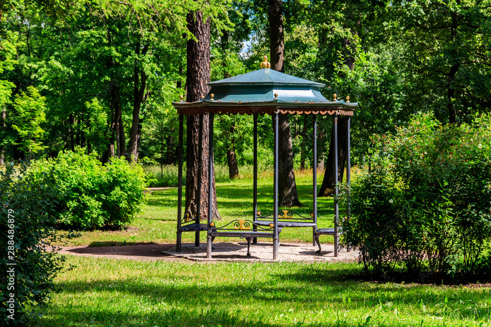 Wrought iron gazebo in a park at summer