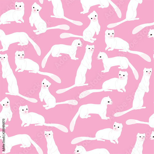 Weasel seamless pattern on pink background. 