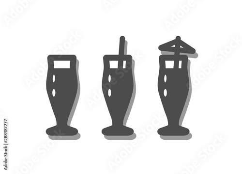 Vector illustration icons of high classic beer or cocktail mug (glass) with straws and umbrella. Grey silhouette, white background