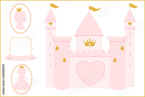 Light rosy pink and gold Princess castle illustration for decoration Invitation card. Happy Birthday backdrop banner. Party celebration. Printable baby shower photo frame. Girl silhouette. Text place