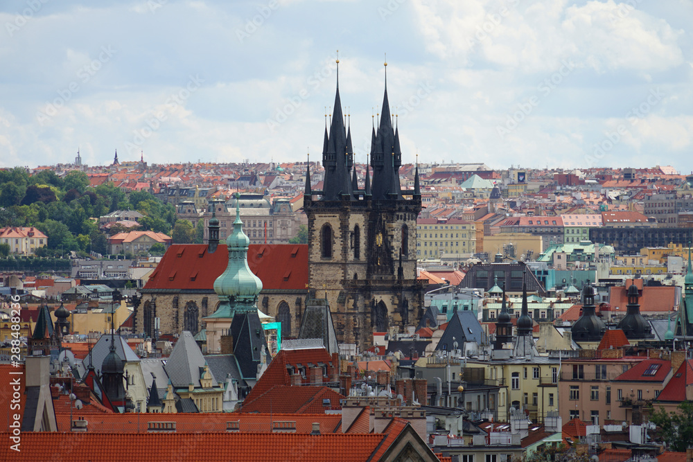 Obraz premium Aerial view of historic old town with numerous towers, Capital city Prague, Czech Republic