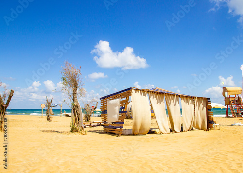 Gold yellow beach and clean blue sky, summer vacation concept photo. It's took at 
