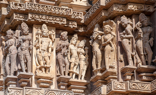 Bild auf Leinwand Sculptures on the walls of famous Khajuraho Temples in India