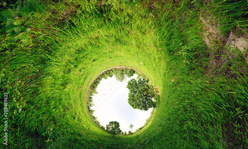 Stereographic panoramic projection of a green field with trees in the summer. 360 degree panorama.