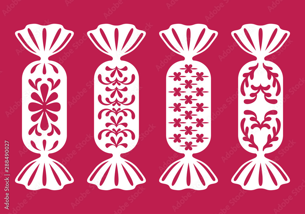 Wrapped Candy. Templates for laser cutting, plotter cutting, wood carving, printing or scrapbooking. Vector festive illustration. Holiday decoration. Wrapped Candy. Templates for laser cutting, plotter cutting, wood carving, printing or scrapbooking. Vector festive illustration. Holiday decoration.