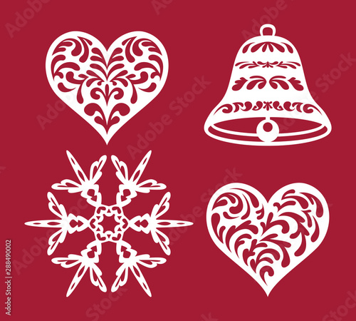 Set of Christmas or New Year decoration. Snowflake, bell, heart. Templates for laser cutting, plotter cutting, stencil or printing. Elements of festive background.