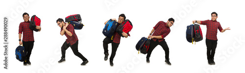 Young man with bags isolated on white