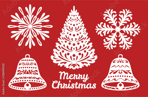 Set of Christmas or New Year decoration. Snowflakes, bells, Christmas tree. Templates for laser cutting, plotter cutting or printing. Elements of festive background.