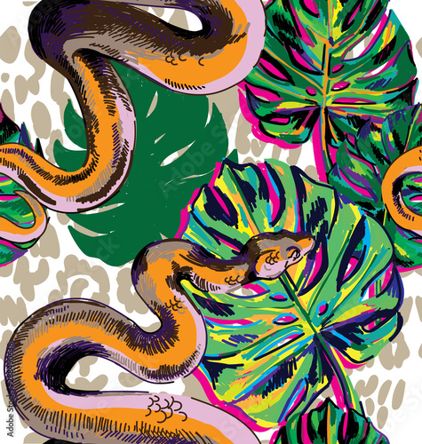 Stylish pattern with snakes. Tropics, jungle. Exotic background with a boa constrictor.