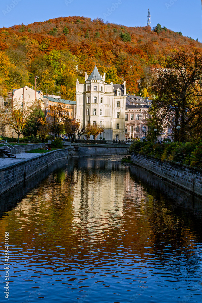 View of the famous spa city-Karlovy Vary. Thermal spa in Karlovy Vary. Sunny autumn day. Czech Republic. 