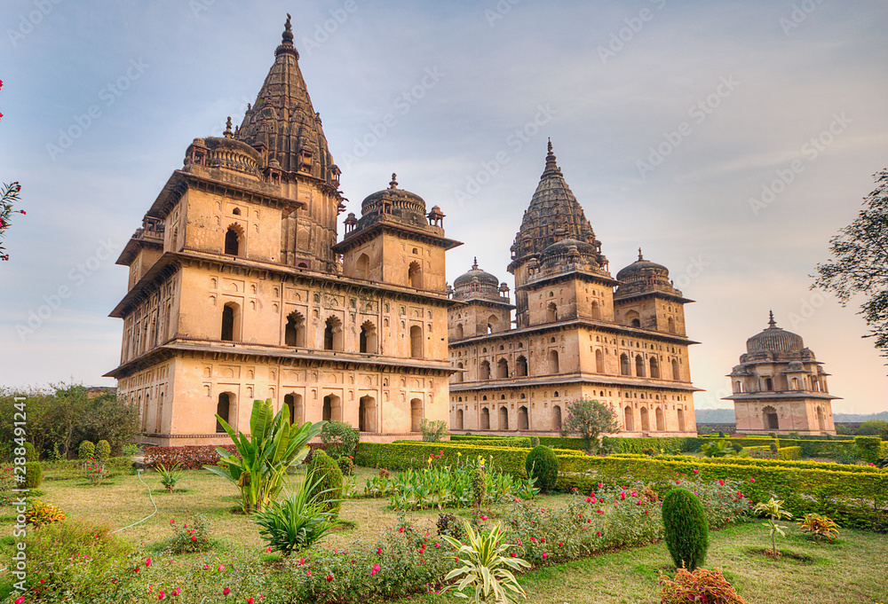 The Chattris or Cenotaphs in Orchaa were built to honour the dead ancestors of the Bundela rajas, Orchha, Madhya Pradesh, India