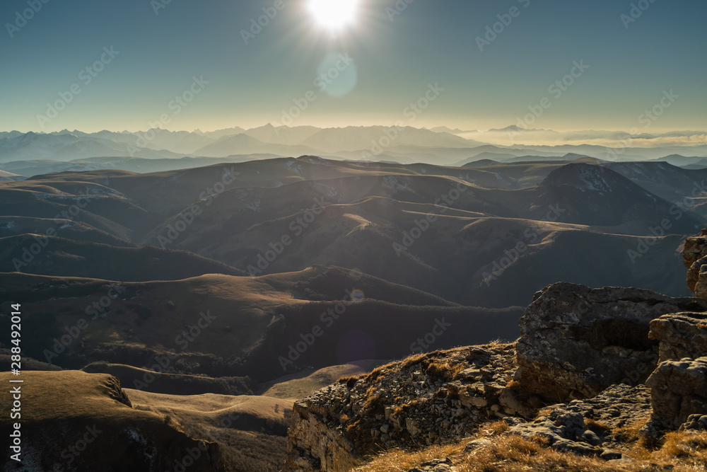 Beautiful landscape form plateau Bermamyt on Caucasus mountain range during sunset