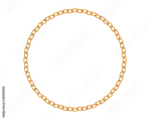 Realistic gold circle frame chain texture. Golden round chains link isolated on white background. Jewelry chainlet three dimensional design element.