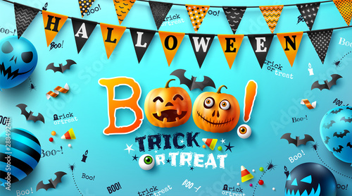 Halloween poster with text "Boo! trick or treat" and Halloween Ghost Balloons.Scary air balloons and Halloween Elements.Website spooky,Background or banner Halloween template.Vector illustration EPS10