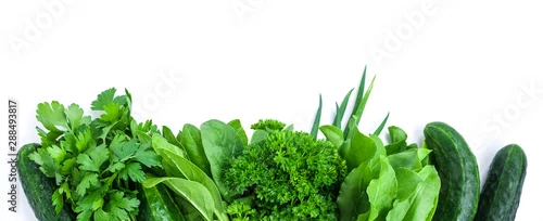 Panel kuchenny z motywem fresh green vegetables and herbs border on white background