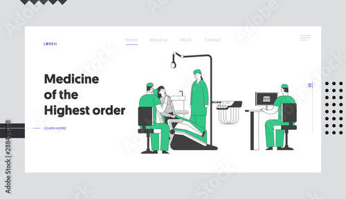 Patient at Dentist Office Website Landing Page. Young Woman Sitting in Medical Chair at Stomatology Cabinet, Doctor Watching X-ray of Bad Tooth on Pc Web Page Banner. Cartoon Flat Vector Illustration