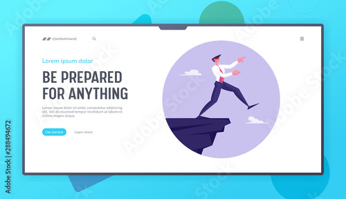 Business Risk and Bankruptcy Website Landing Page. Blindfold Businessman Step into Abyss. Leap of Faith Concept with Business Man Walks Off the Cliff Web Page Banner. Cartoon Flat Vector Illustration