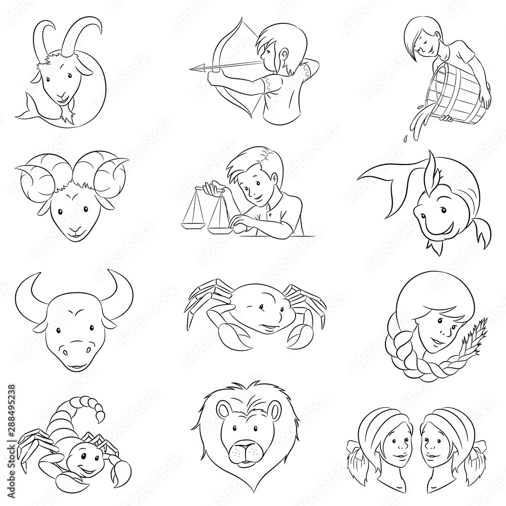 Black Line Art Zodiac Signs isolated on a White Background Black Line Art Zodiac Signs isolated on a White Background