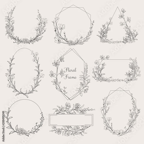Collection of geometric vector floral frames. Round, oval, triangle, square Borders decorated with hand drawn delicate flowers, branches, leaves, blossom. illustration