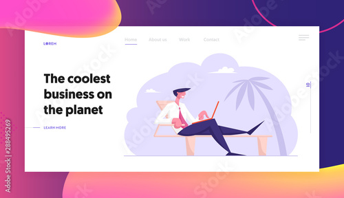 Freelancer or Distant Employee Summer Vacation Website Landing Page. Businessman Sitting on Daybed under Palm Trees on Tropical Beach Working on Laptop Web Page Banner Cartoon Flat Vector Illustration