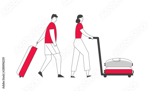 Tourists Traveling. Woman Pushing Trolley with Bag, Man Pulling Luggage. Travel People in Casual Wear with Baggage Hurry, Late for Plane or Registration Cartoon Flat Vector Illustration, Line Art