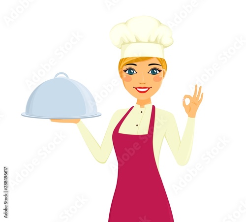 Portrait of a cook girl with a tray in her hand. The girl with a gesture of approval. Professional chef. Cooking. Service personnel. Flat style on white background. Cartoon